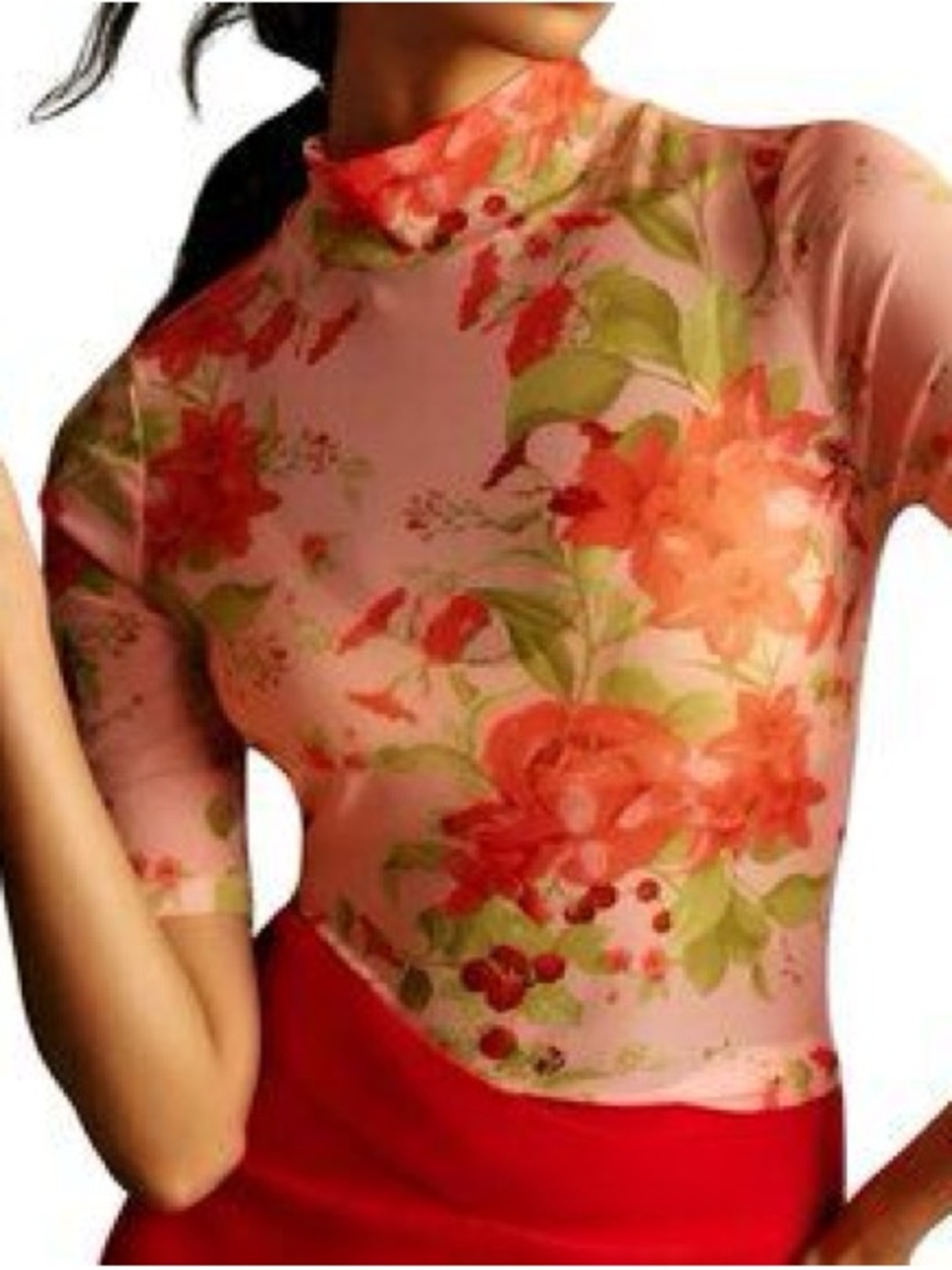 Anthropologie Sheer Floral Mock Neck Top in Pink, Coral and Green